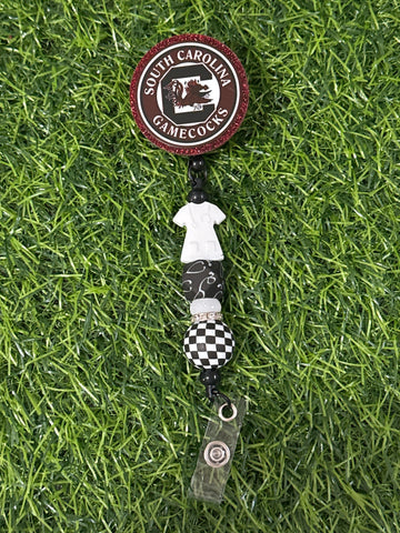 White Scrub Top Badge Reel & Gamecocks Acrylic Add On