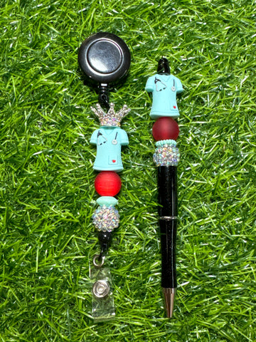 Princess Teal Scrub Top Badge Reel & Beaded Pen Set