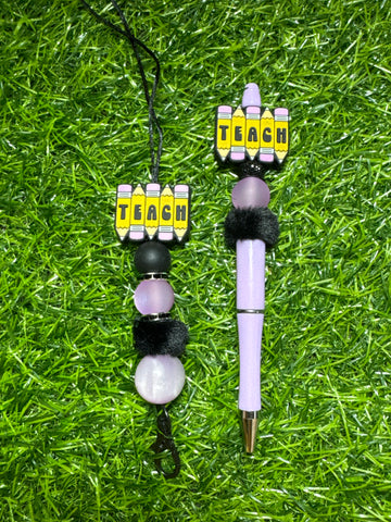 Purple Teach Pencil Lanyard and Beaded Pen