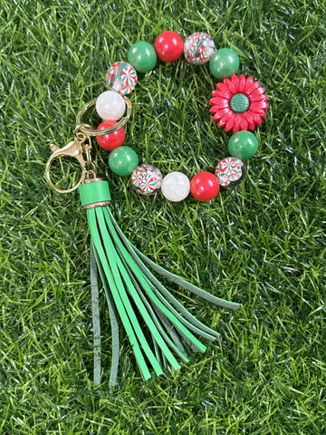 Peppermint Floral Christmas Keychain Wristlet with Tassel
