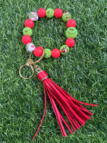 Red Grinch Christmas Keychain Wristlet with Tassel