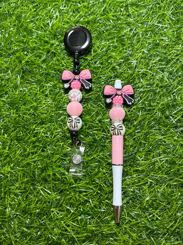 Stethoscope Dark Pink Badge Reel & Beaded Pen Set