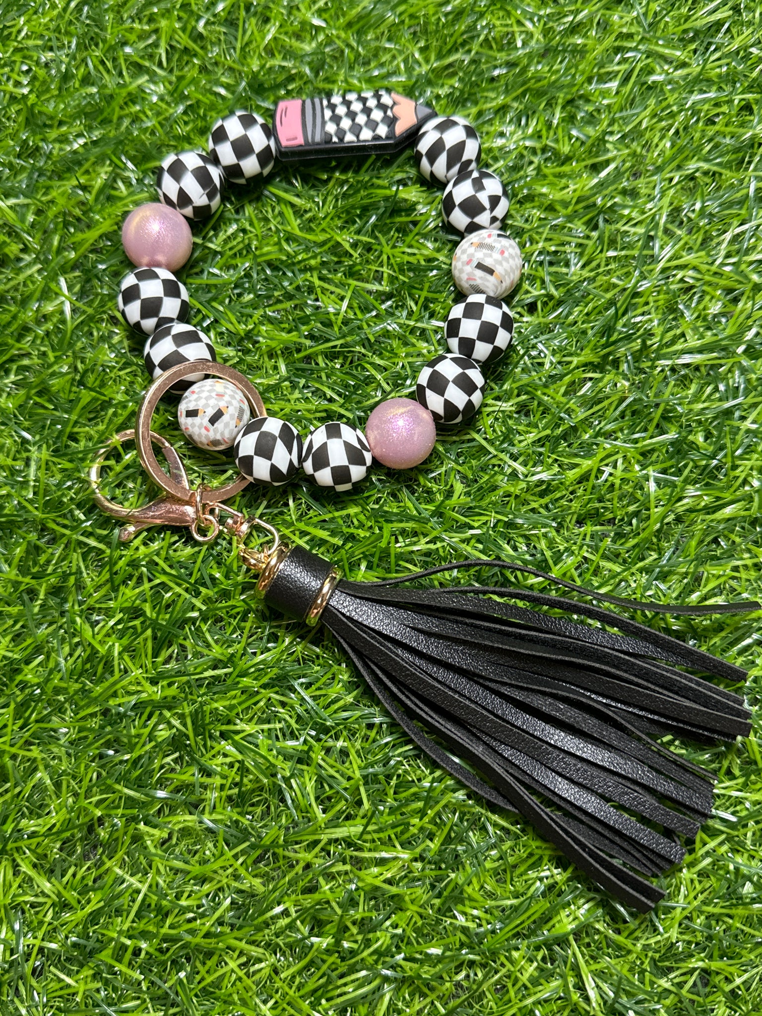 Black & White Check Pencil Keychain Wristlet with Tassel