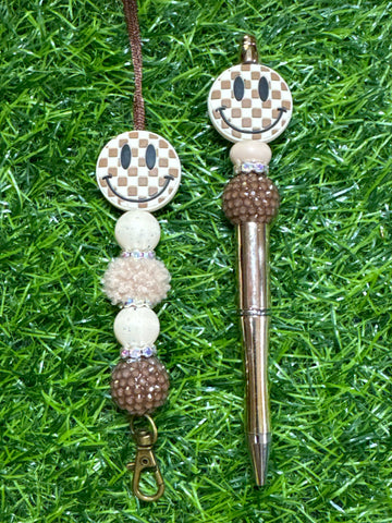 Natural Check Smiley Lanyard and Beaded Pen Set