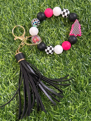 Pink Check Christmas Tree Keychain Wristlet with Tassel