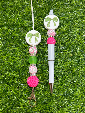 Green Bow Lanyard and Beaded Pen Set