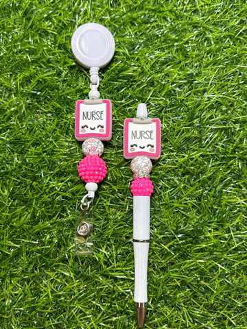 Nurse Clipboard Badge Reel & Beaded Pen Set