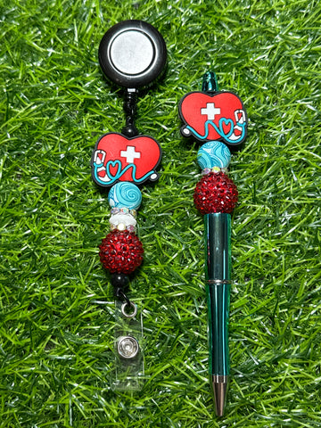Stethoscope Red Heart Badge Reel & Beaded Pen Set