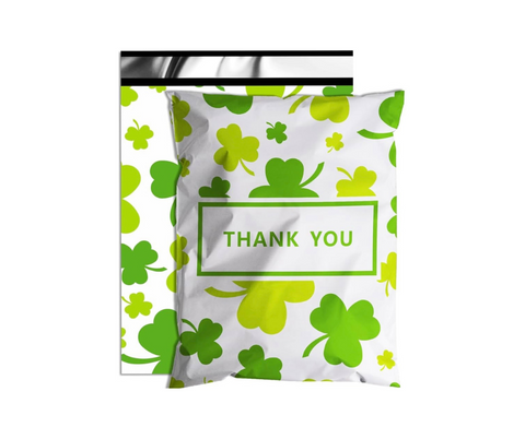 10x13 Green and White, Clover Thank You St Patrick's Day Designer Poly Mailers, Shipping Envelopes, Mailing Envelopes, 20 each
