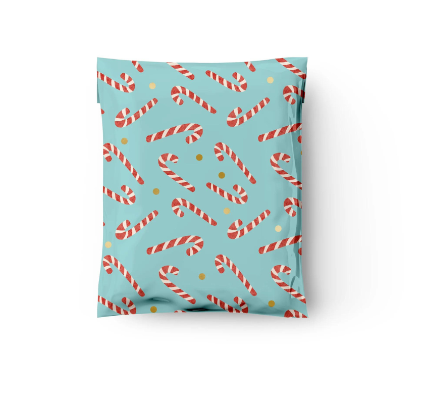 10x13 Teal Blue, Red and White Candy Canes Christmas Poly Mailers, 20 per pack