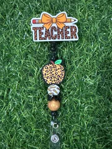 Leopard Apple Badge Reel & Teacher Bow Acrylic Add On