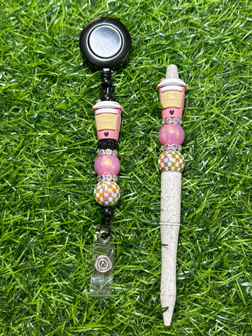 But First Coffee Badge Reel & Beaded Pen Set