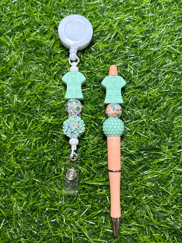 Mint Green Scrub Top Badge Reel & Beaded Pen Set