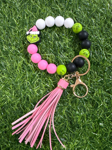 Pink Grinch Christmas Keychain Wristlet with Tassel