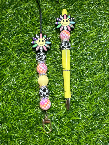 Flower Smiley Lanyard and Beaded Pen Set
