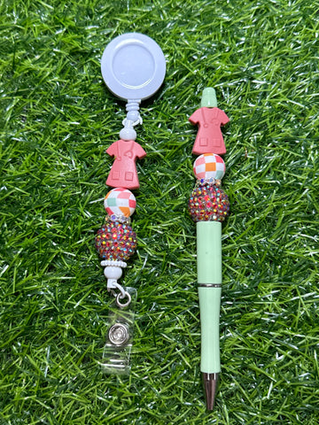 Coral Scrub Top Badge Reel & Beaded Pen Set