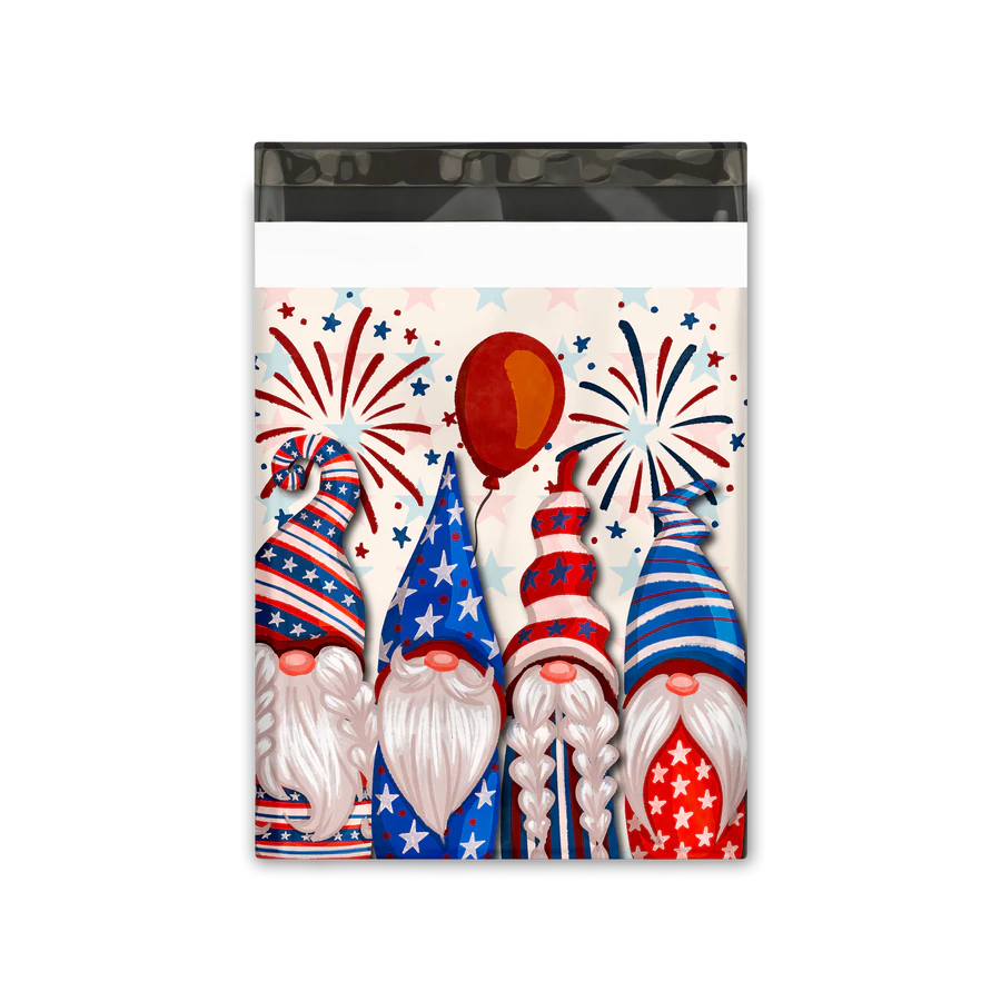 10x13 Red, White, & Blue American Flag Gnomes Stars and Stripes Designer Two Sided Poly Mailers, Shipping Envelopes, Mailing Envelopes, 20 each