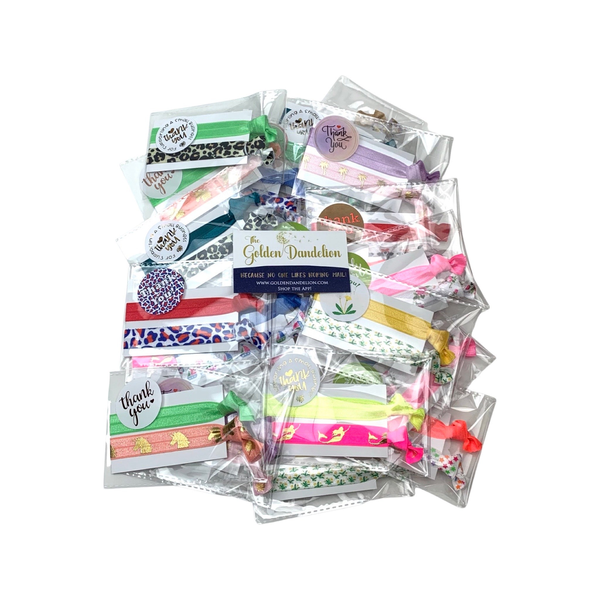 Assorted Hair Tie Bundle Filler Pack, 1 per pack. Now available with Logo Sticker Add On Option!