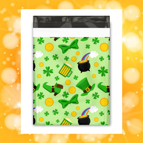 10x13 Green, White, and Gold St Patrick's Day Designer Poly Mailers, Shipping Envelopes, Mailing Envelopes, 20 each