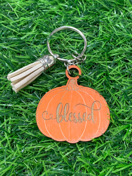 Fall Pumpkin Wooden, Inspirational Keychains: Grateful, Thankful, Blessed