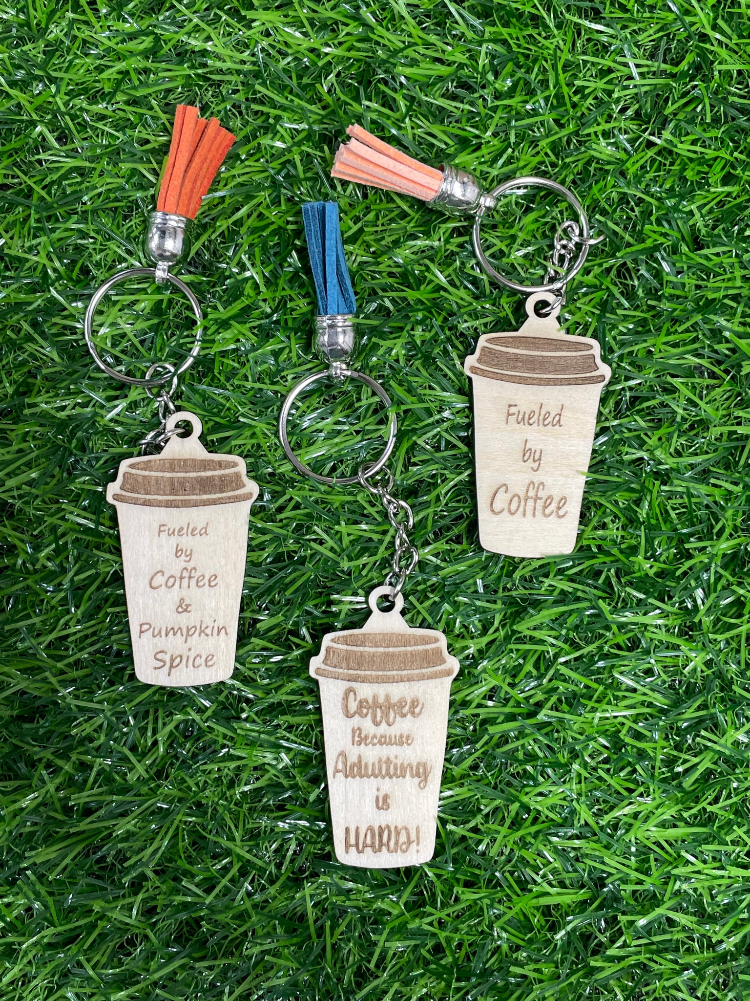 Coffee Cup Natural Wooden, Assorted Keychains: Fueled by Coffee & Pumpkin Spice, Coffee Because Adulting is Hard!, and Fueled by Coffee