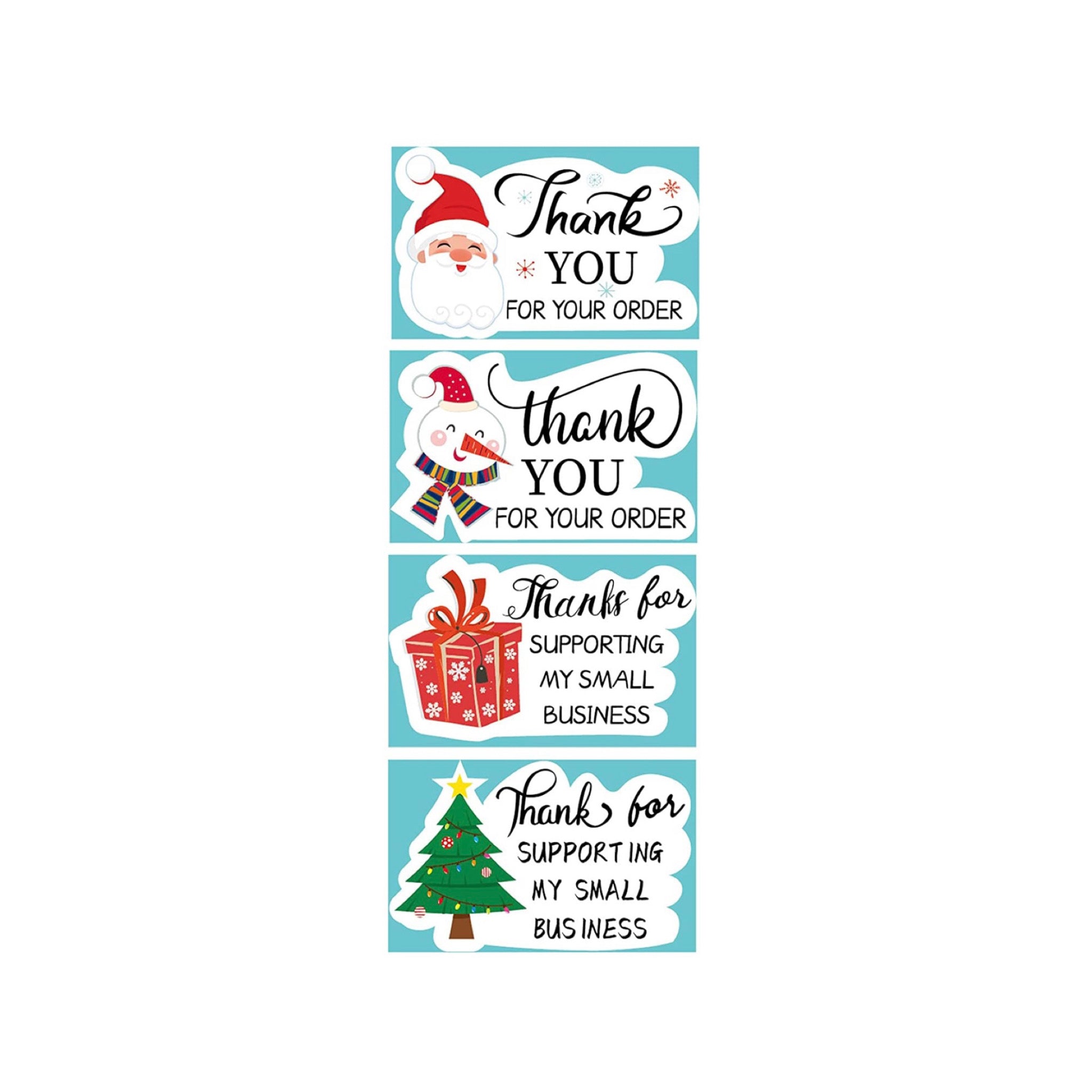 Christmas Tree, Santa Claus, Snowman, and Present Assorted Thank you for your order  1.5x1" Rectangle Stickers, 50 stickers per pack