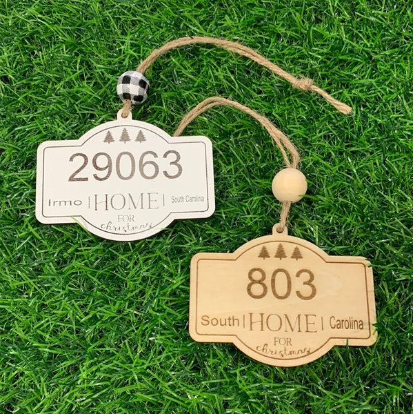 Home for Christmas State Zip Code or Area Code 2x3" Plaque Shaped Wooden Ornament