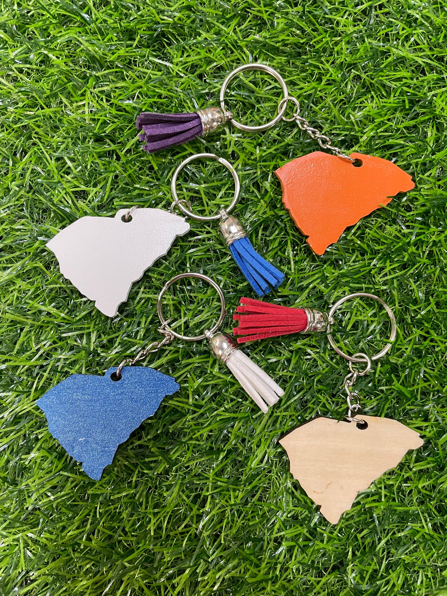 South Carolina State Wooden, Assorted Keychains: Blue, White, Orange, or Natural