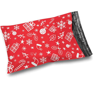 10x13 Red and White Christmas Presents, Snowmen, Candy Canes, Holly Poly Mailers, 20 per pack